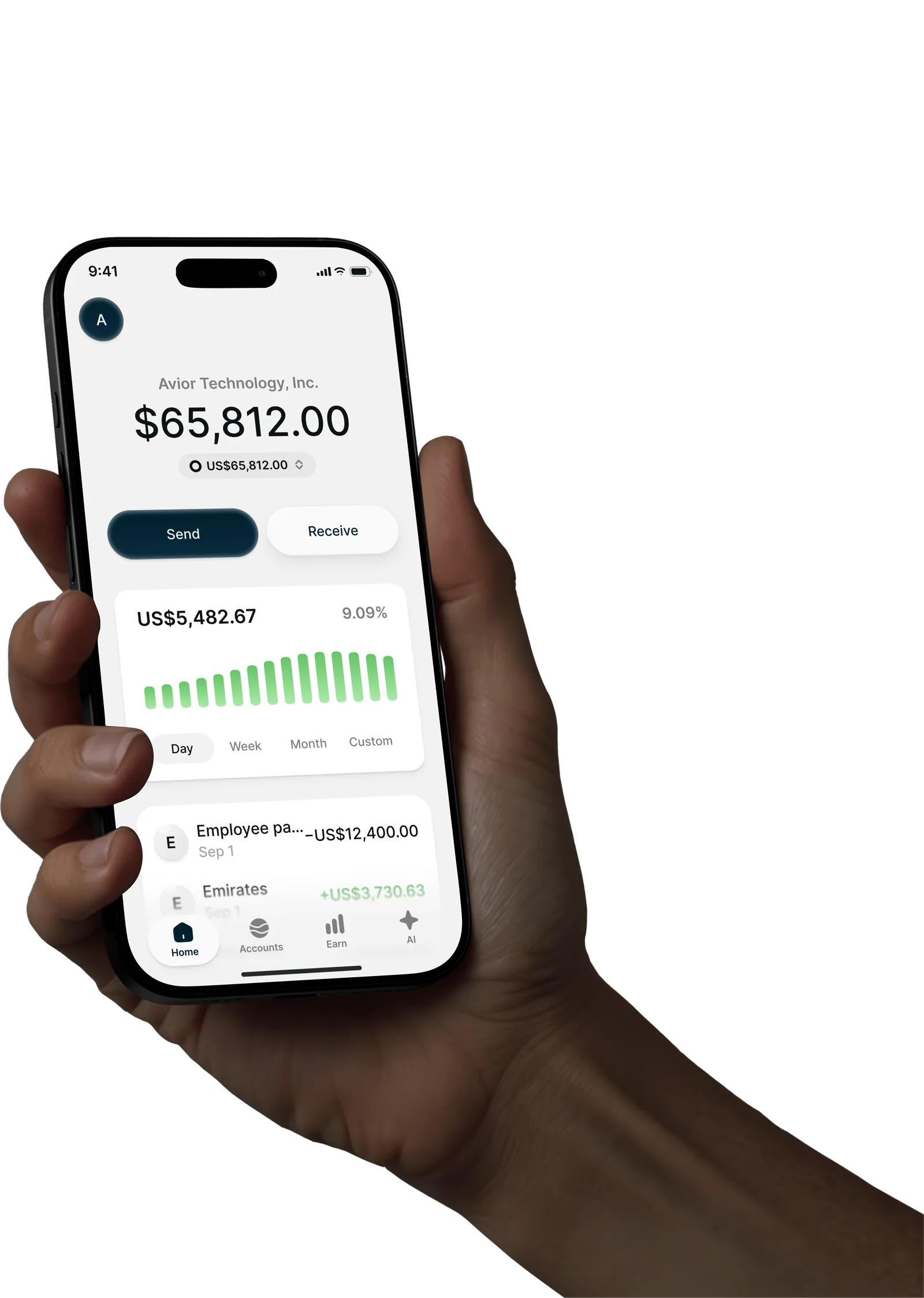 Avior app on a phone showing the business balance, yield and recent activity