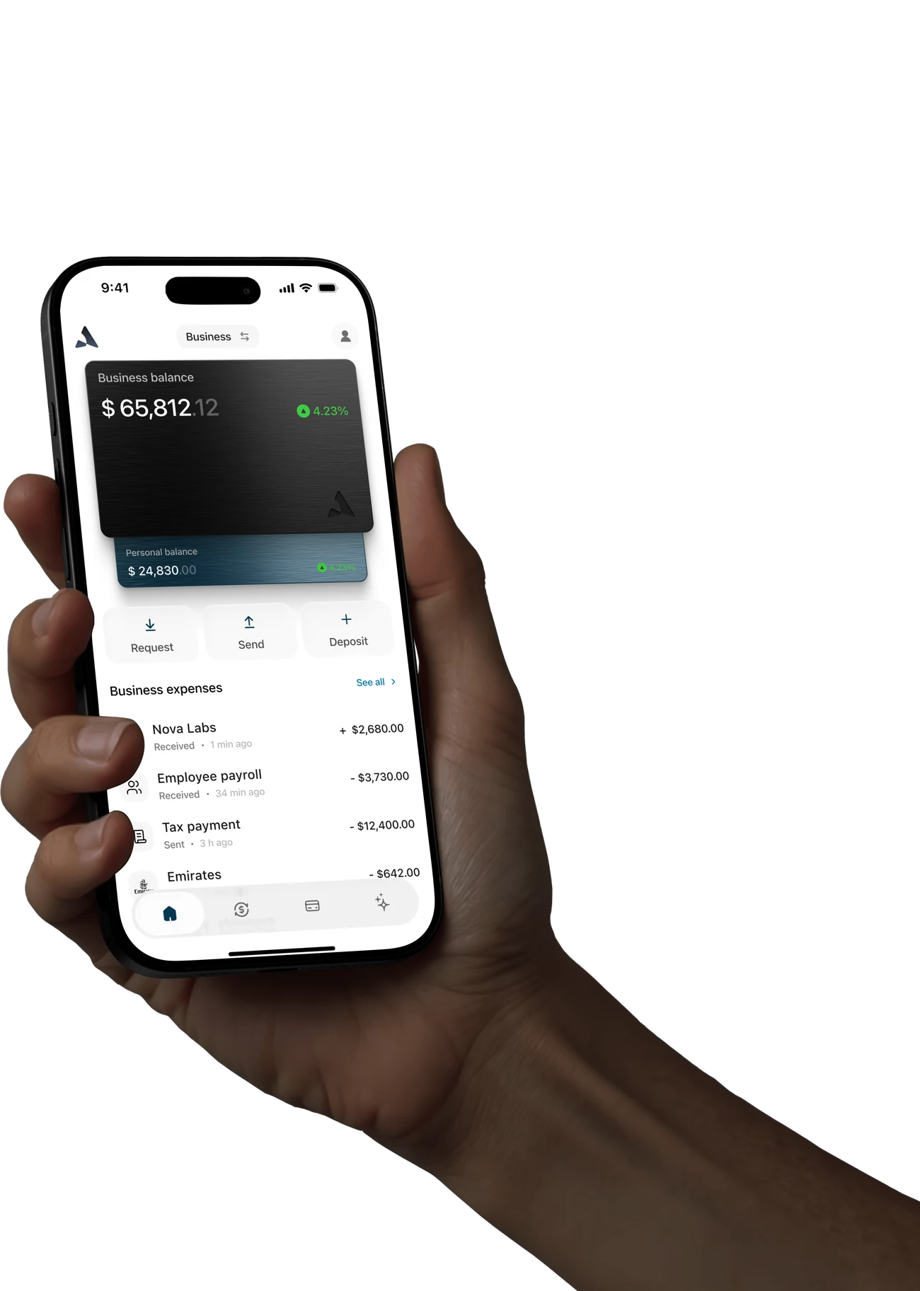 Avior app on a phone showing personal balance and recent activity